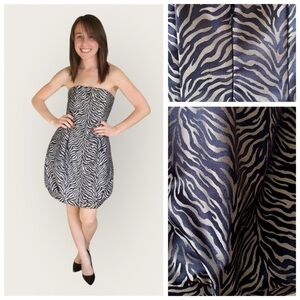 CACHE Zebra Print Bubble Hem Short Cocktail Party Dress, Silver & Navy sz. 2